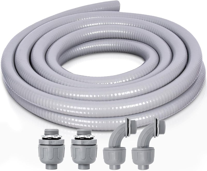 Feotech Liquid-Tight Conduit and Connector Kit - 3/4 Inch 15 FT Non Metallic Liquid Tight Electrical Conduit with 2 Straight and 2 Angle Fittings - Image 1